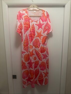 Source Unknown White Beach Shell Print Dress with Pink and Orange Accents